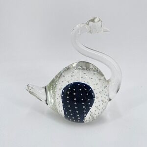 Vintage Hand Blown Controlled Bubble Glass Swan Figurine Dark Blue Japan 4"